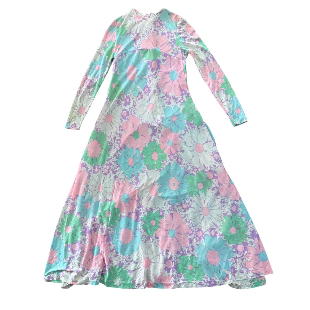 Vintage 70s Maxi Dress Psychedelic Floral Print S Pink Purple long sleeve empire